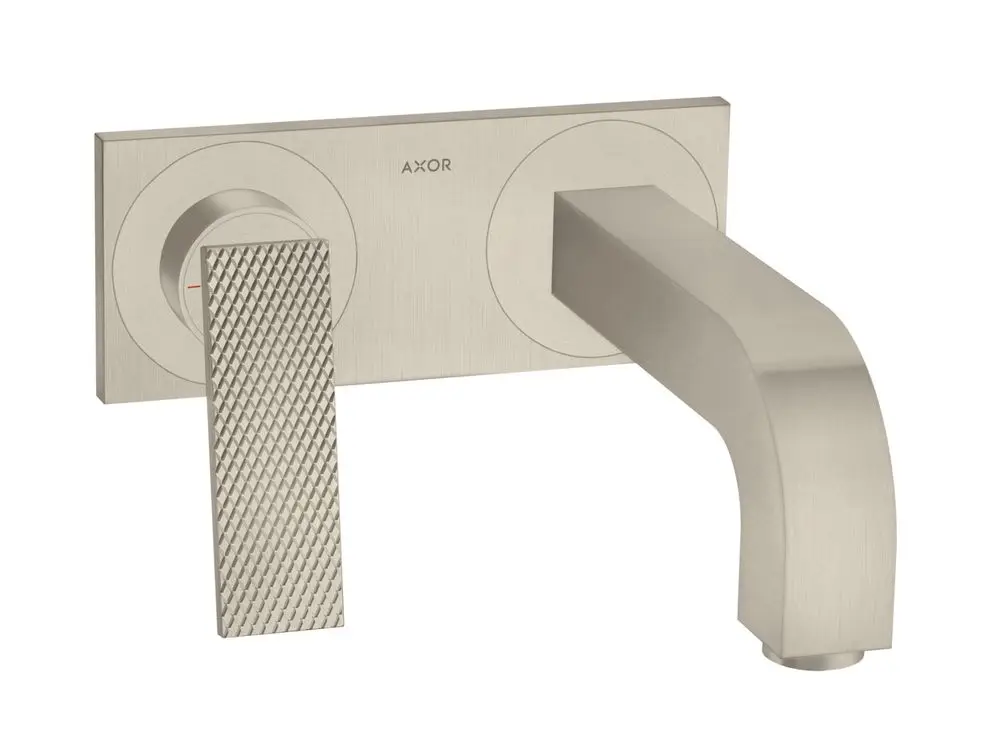 Ein Unterputz-Waschtischmischer von AXOR mit einem Hebelgriff und einem gebogenen Auslauf. Die Oberfläche zeigt ein Rautendesign und ist in gebürstetem Nickel gehalten.